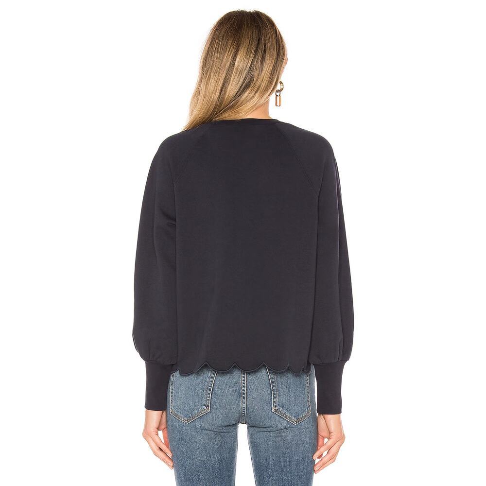 FRAME Scallop Balloon Sleeve Crew Neck Fleece Sweatshirt Navy Women's Size S - Picture 2 of 8